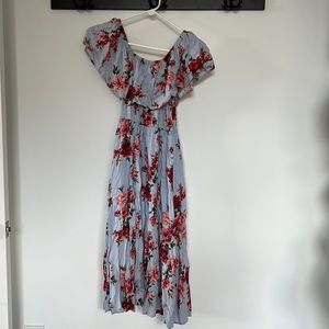Blue Floral Off Shoulder Fit and Flare Occasion Midi Dress